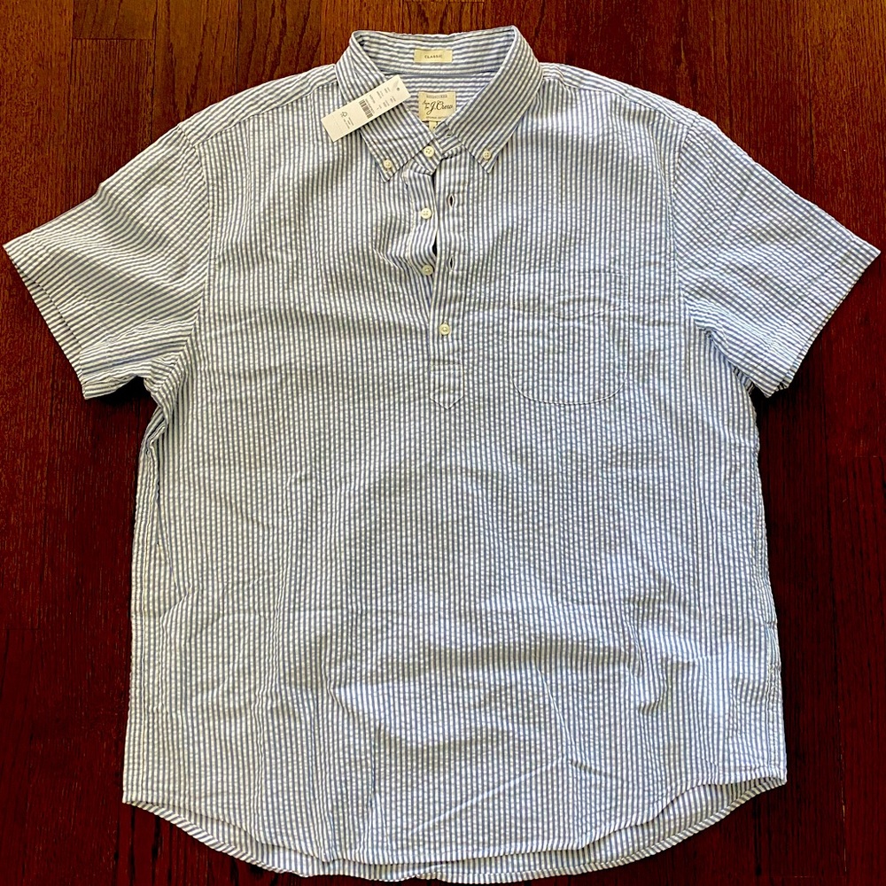 Men’s J. Crew Short Sleeve Seersucker Popover Shirt Size L (runs large- like XL)